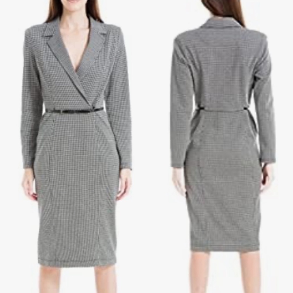 NEW Max Studio MD BROWN HOUNDSTOOTH Long Sleeve Notch Collar Belted Midi Dress